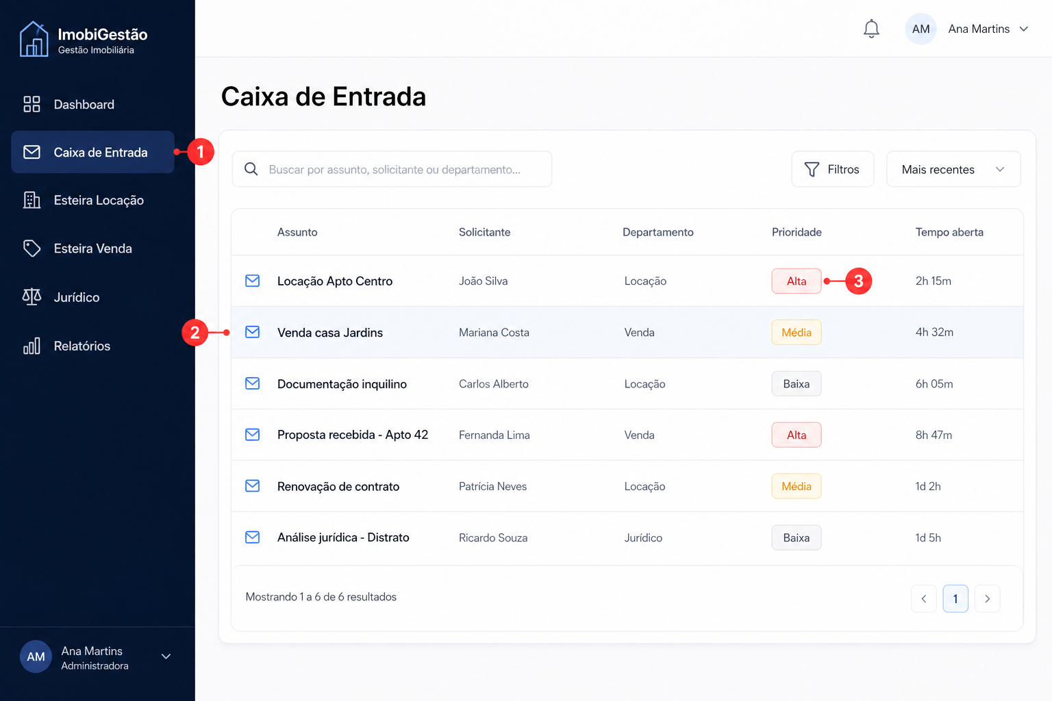 Tela ilustrativa da Caixa de Entrada com 3 pontos de atenção: menu, linha de demanda e badge de prioridade.