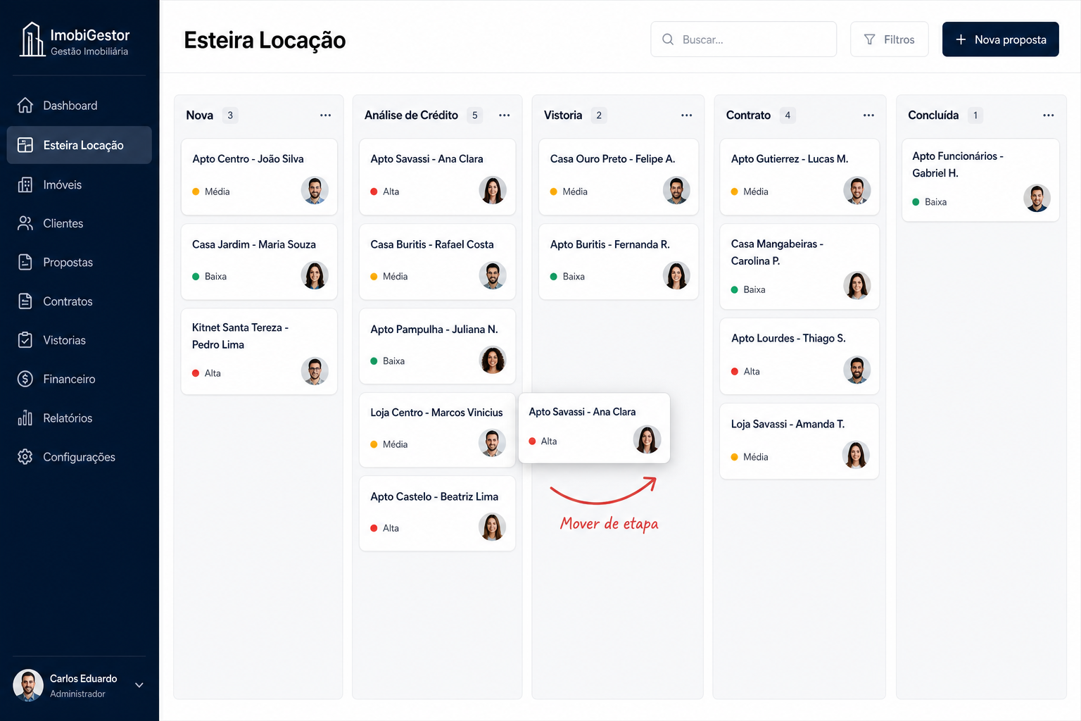 Esteira de Locação — exemplo de card sendo movido entre etapas.